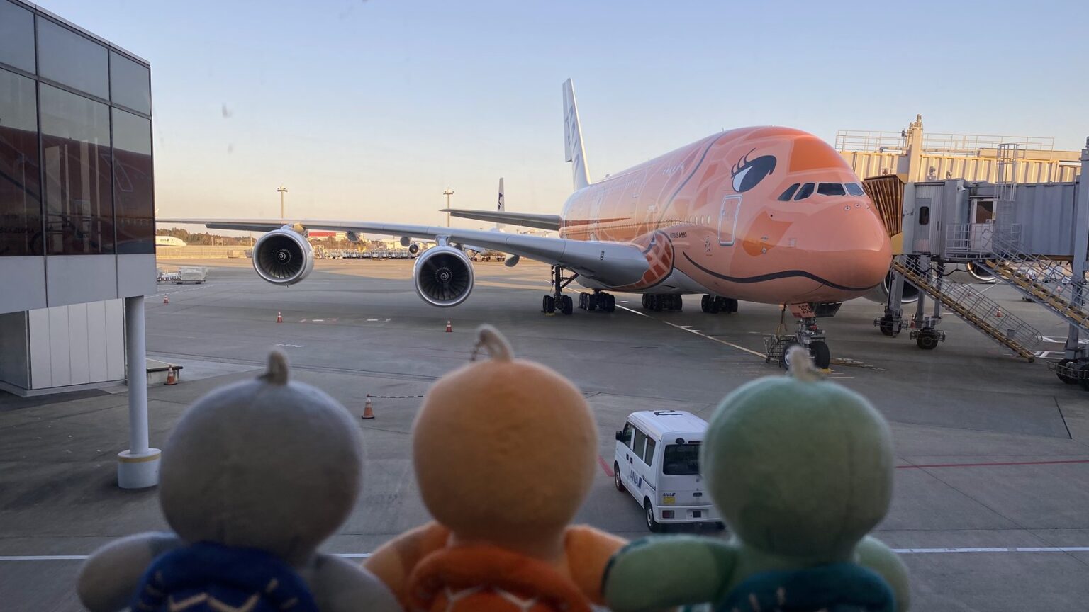 ANA Flying HONU(A380)のラーの前でHONU3匹が座ってラーを見つめている