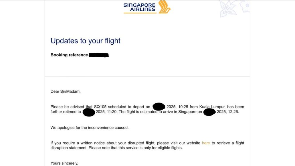SQ105便の遅延を案内するメール