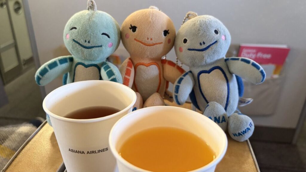 アシアナ航空の国内線機内で提供されたドリンク（オレンジジュースと韓国茶）