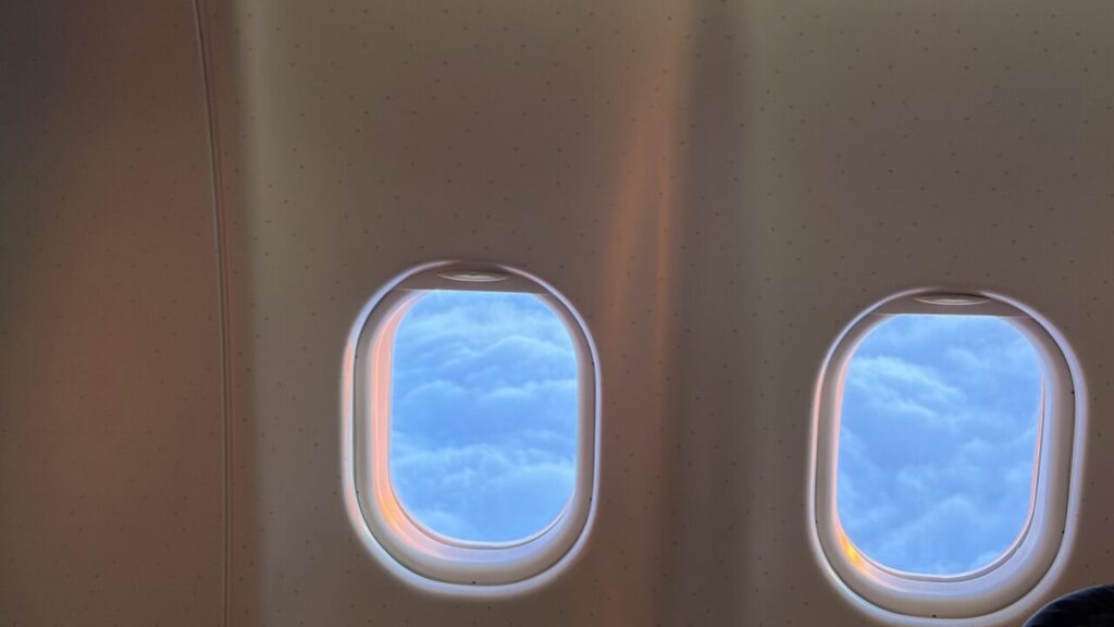 機内から眺めた早朝らしい色をした雲