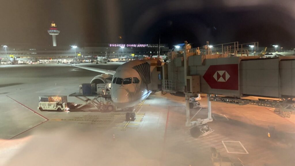 ANA802便の機材B787-9をシンガポールチャンギ国際空港で眺める